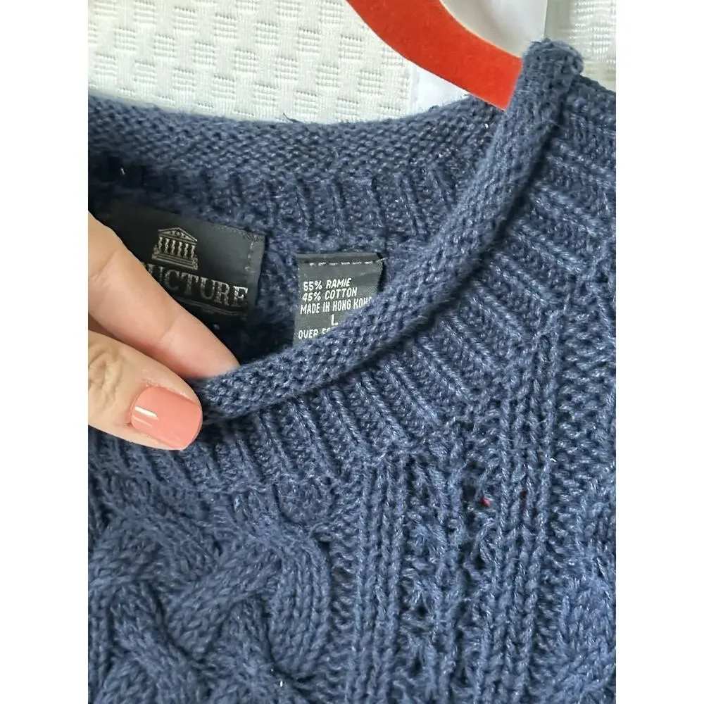 Roll Neck Unisex Ramie Cotton Navy Blue Long Sweater Large